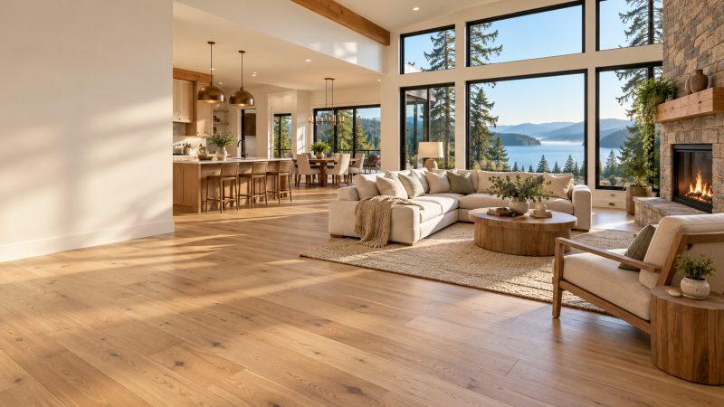 Bright open-concept living room and kitchen with light oak plank flooring and a lake view